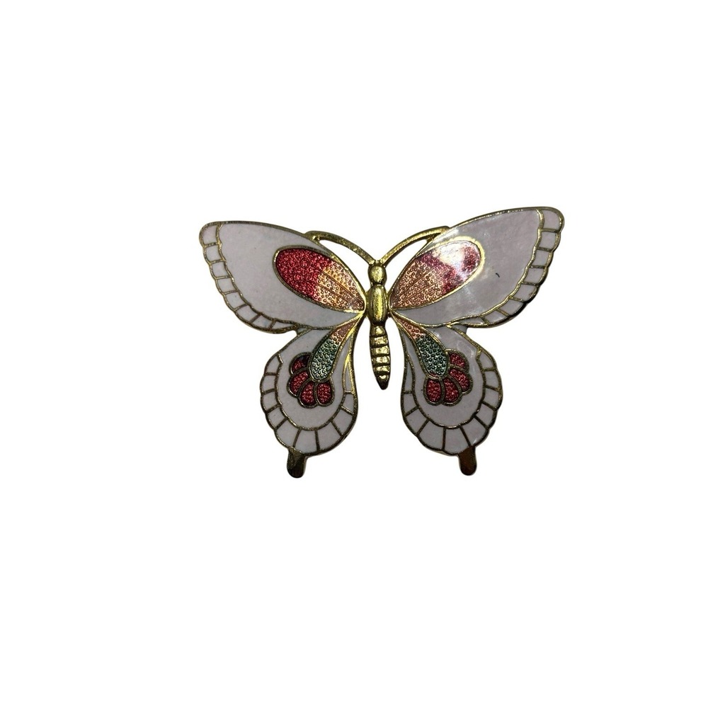 Vintage Gold Tone Colorful Cloisonne Enamel White Butterfly Insect Brooch Pin